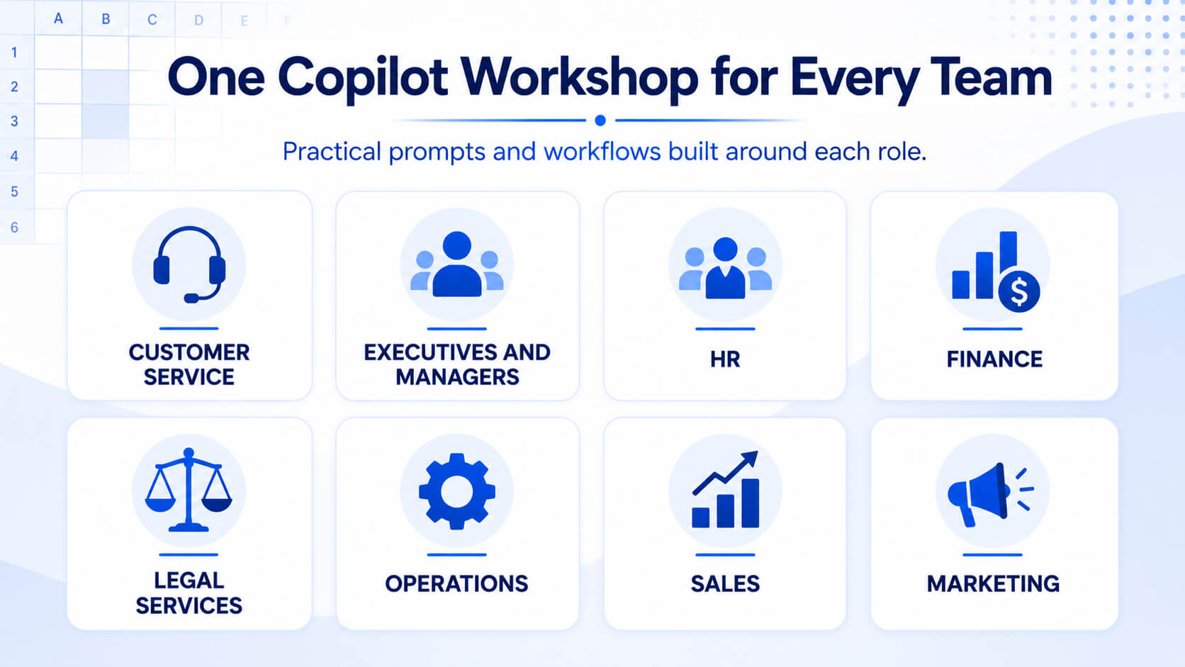 Eight role-based Microsoft Copilot workshops for customer service, management, HR, finance, legal, operations, sales and marketing.