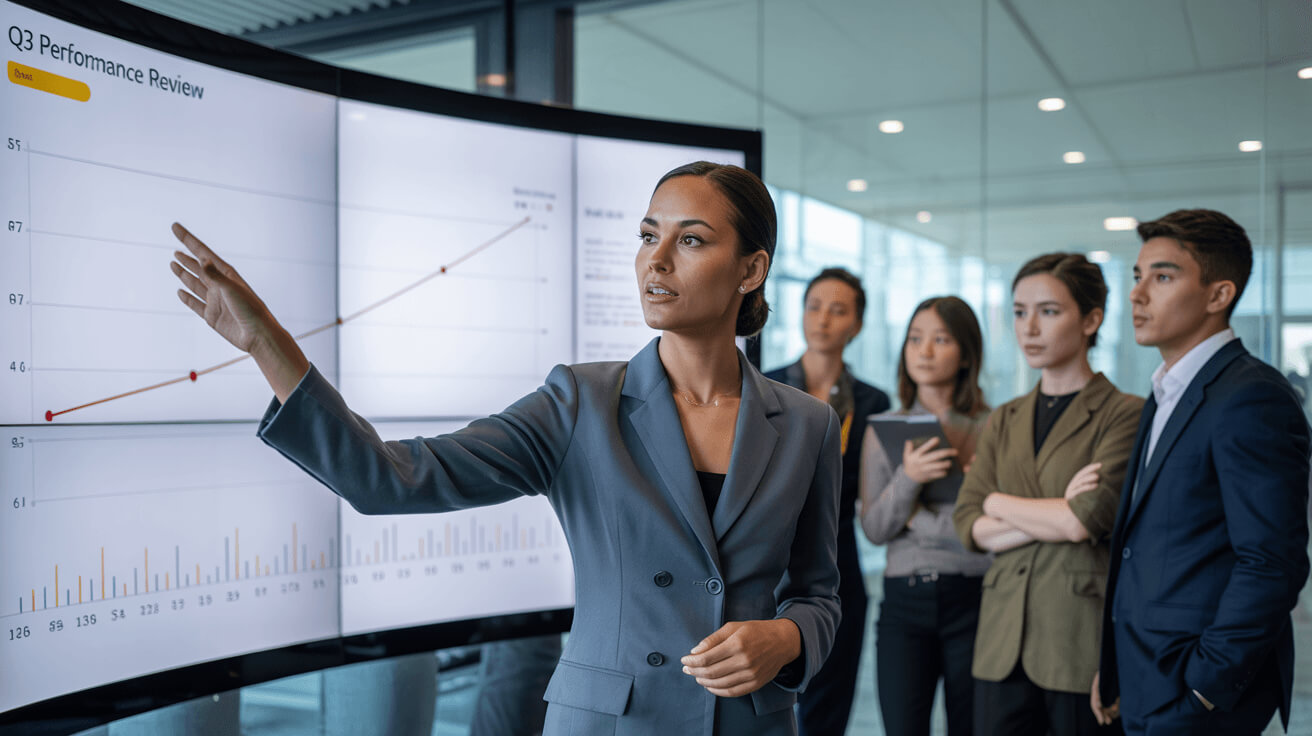 Corporate team using Power BI dashboard for business decision making