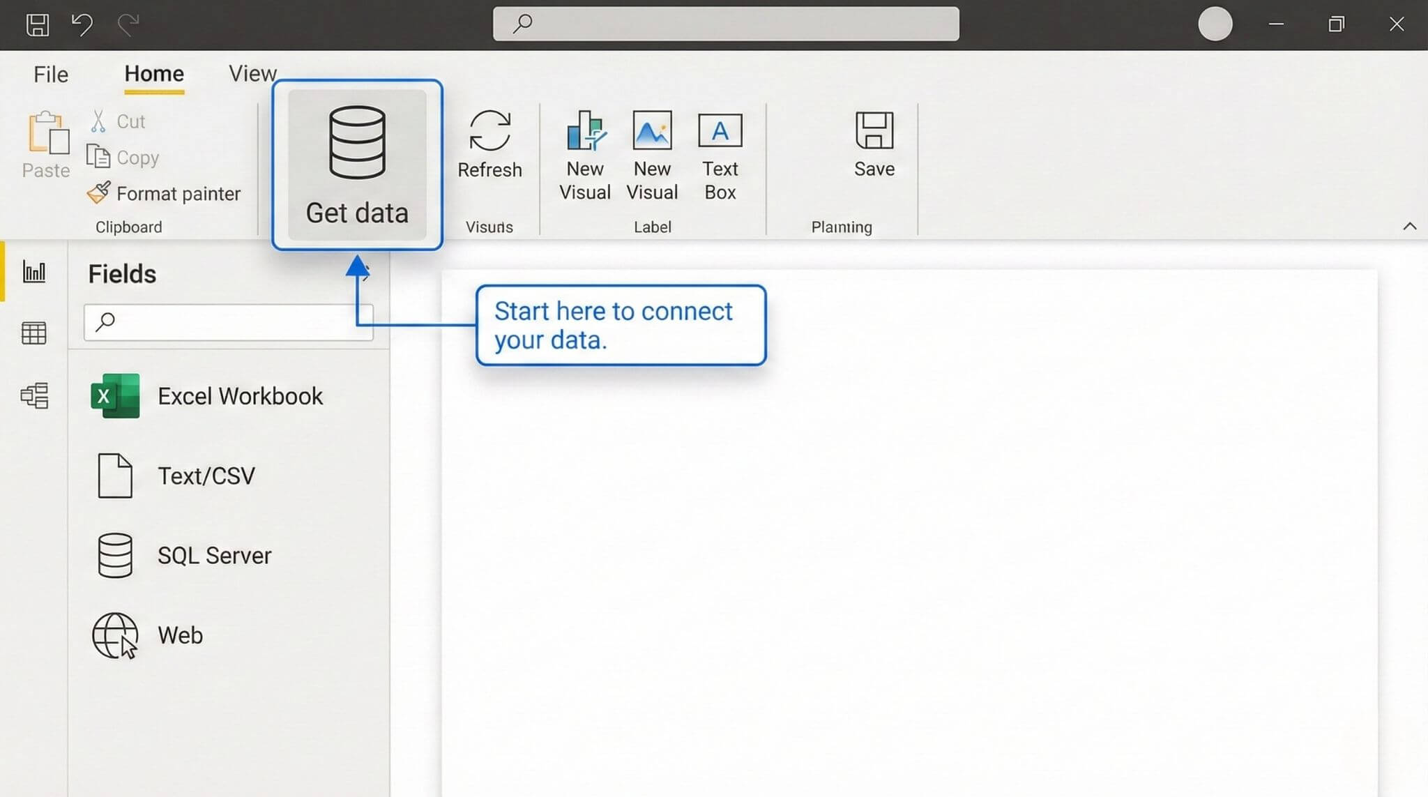 Power BI Desktop Home ribbon highlighting the Get data button for importing Excel or CSV files