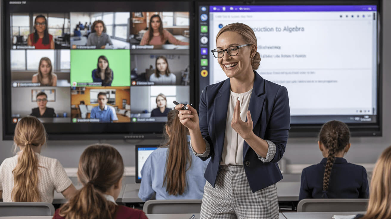 Teacher and students using Microsoft Teams and OneNote in a digital classroom