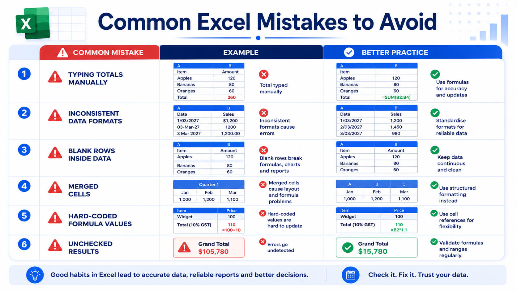Common Excel beginner mistakes and better practices, including formulas, consistent formatting and data validation.