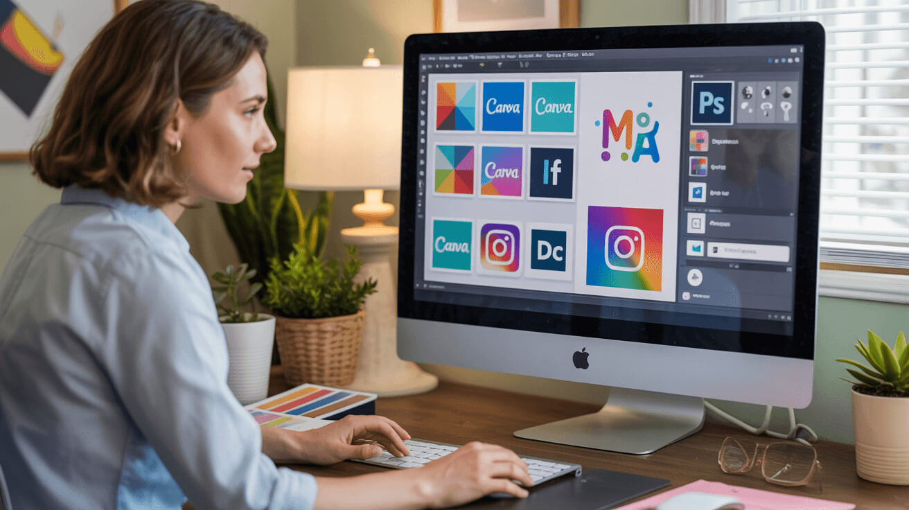 Designer creating marketing content with Canva, Photoshop, and Illustrator