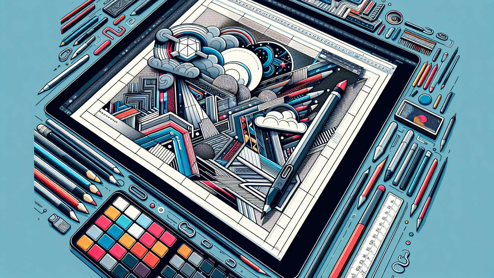 Illustration of a customized Adobe Illustrator workspace with various tools and panels